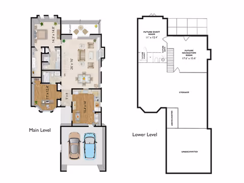 Two-level colored floor plan showing the main level and lower level layouts, including living areas, bedrooms, and a two-car garage.