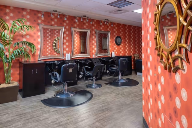 Interior of a salon area with three black salon chairs in front of three large mirrors mounted on a red wall with a circular pattern. There is a potted plant on the left side and a decorative mirror on the right wall. The floor is wood-style laminate.