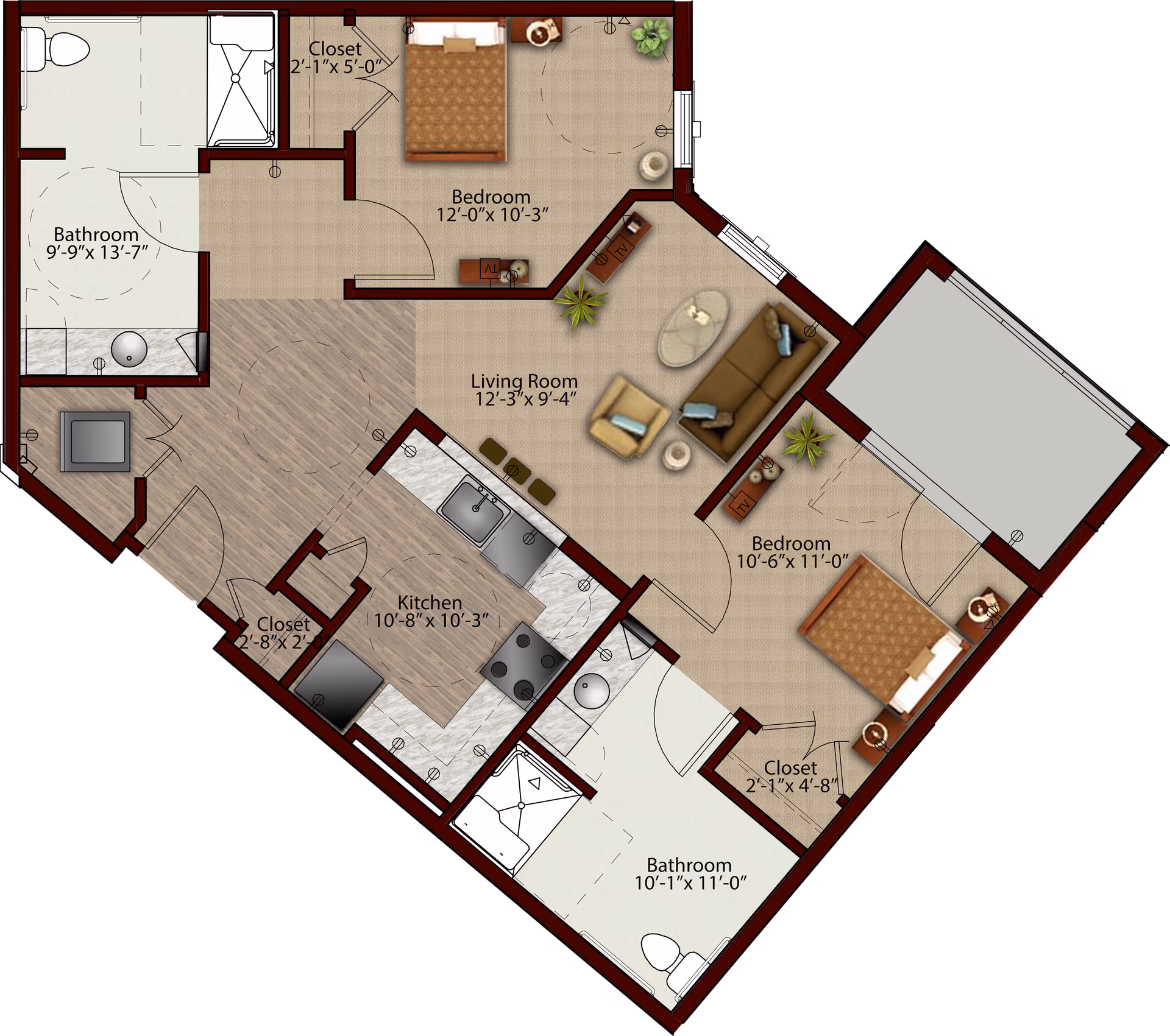 Rendered floor plan of a two-bedroom, two-bath apartment showing a living room, kitchen, two bathrooms, closets, and a balcony/patio.