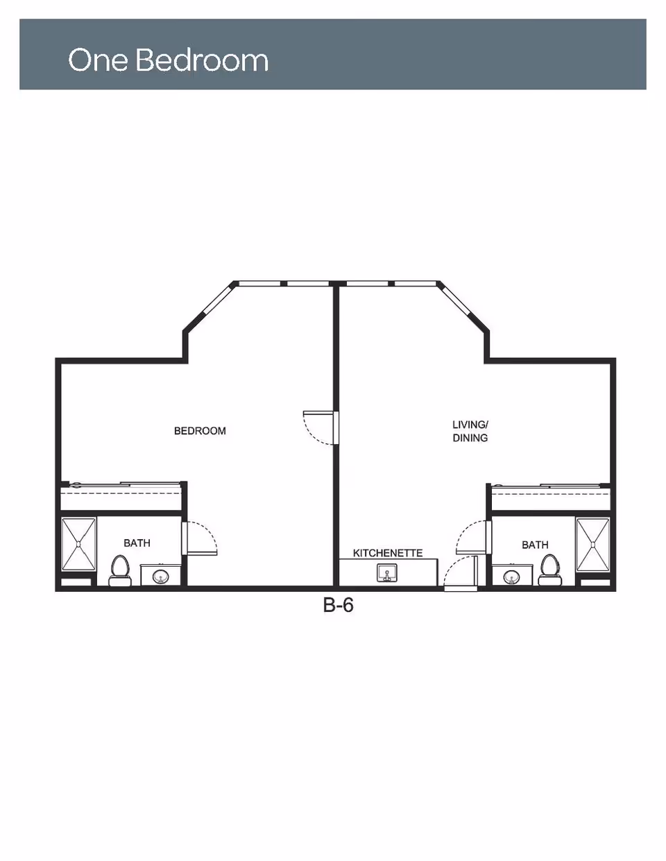 Architectural floor plan labeled 'One Bedroom' showing a layout with a bedroom, living/dining area, kitchenette, and two bathrooms.