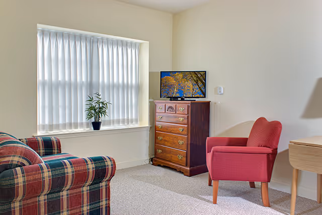 A cozy living room area with a plaid upholstered sofa on the left, a red armchair on the right, a wooden chest of drawers with a small TV on top, and a window with white vertical blinds and a small potted plant on the windowsill.