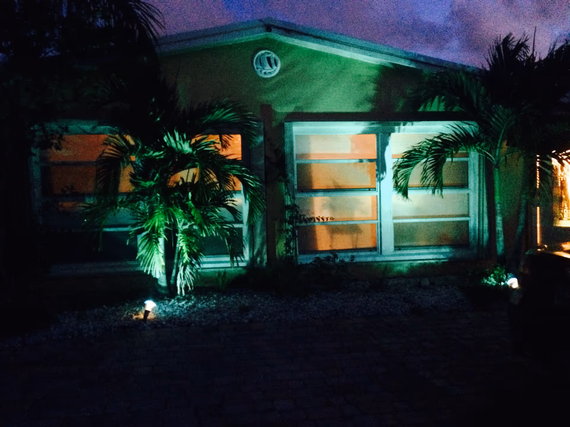 Night view of the exterior of a single-story building with illuminated palm trees and windows with blinds partially closed. The building is lit by ground lights casting green and blue hues on the walls and plants.