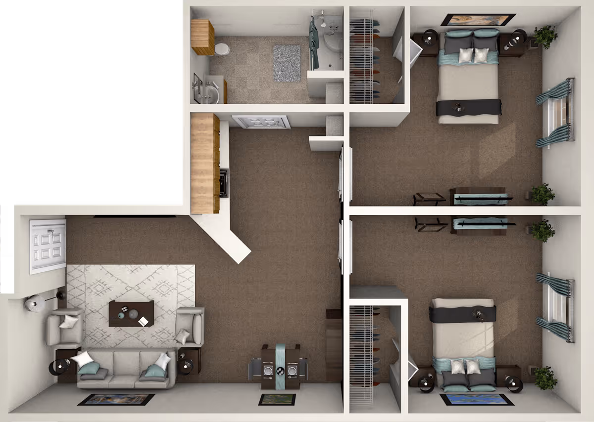 Top-down view of a two-bedroom apartment floor plan featuring a living room with sofa and chairs, a dining area with a table and two chairs, a kitchen with cabinets and appliances, a bathroom with a shower, sink, and toilet, and two bedrooms each with a bed, nightstands, and windows with curtains.