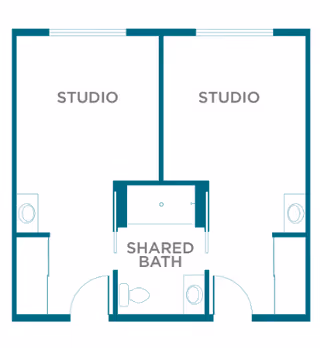 Floor plan showing two studio apartments sharing a central bathroom. Each studio has a small private area with a sink, and the shared bath includes a toilet and a sink accessible from both studios.