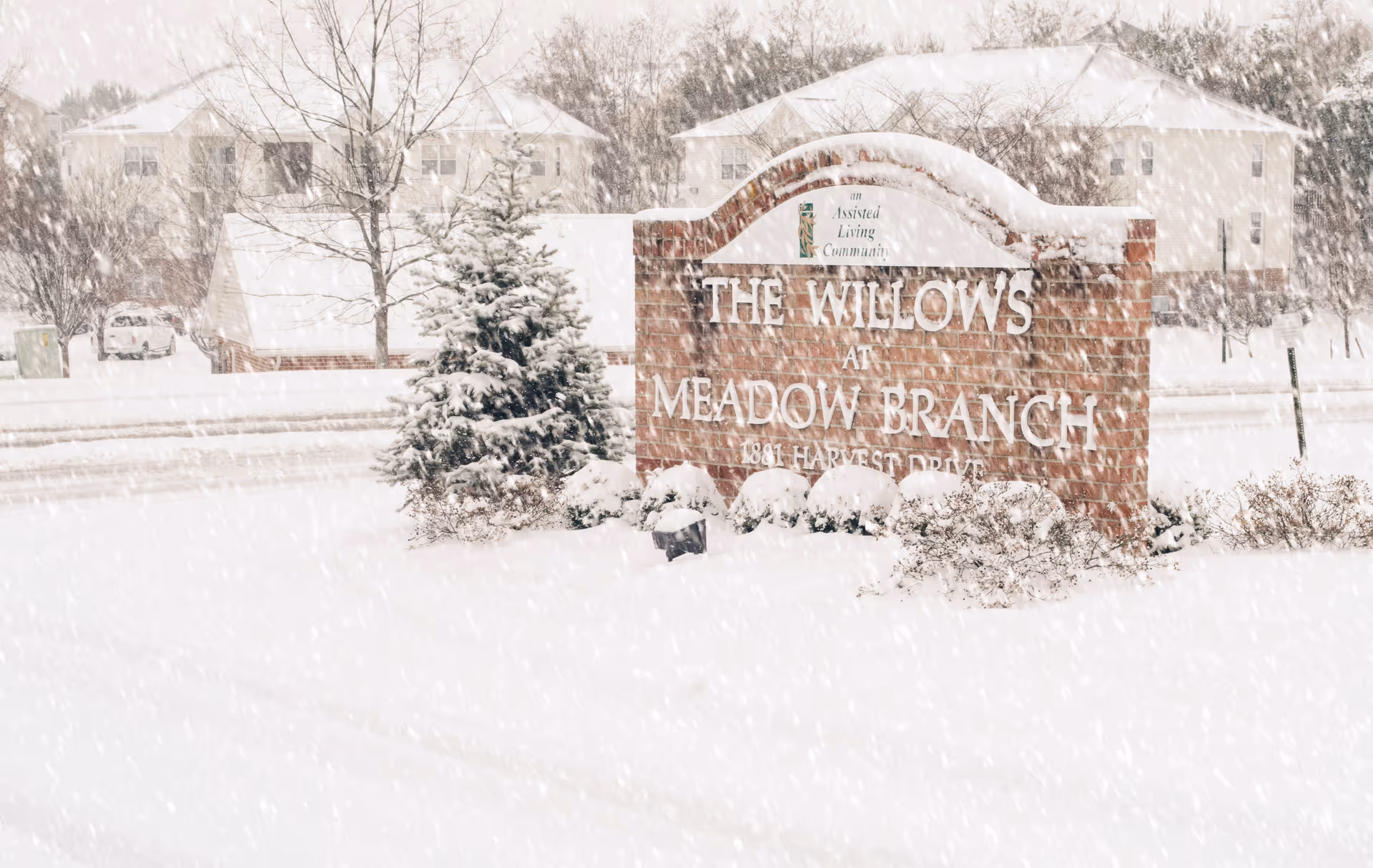 Snow covers the exterior sign for The Willows at Meadow Branch with surrounding shrubs.