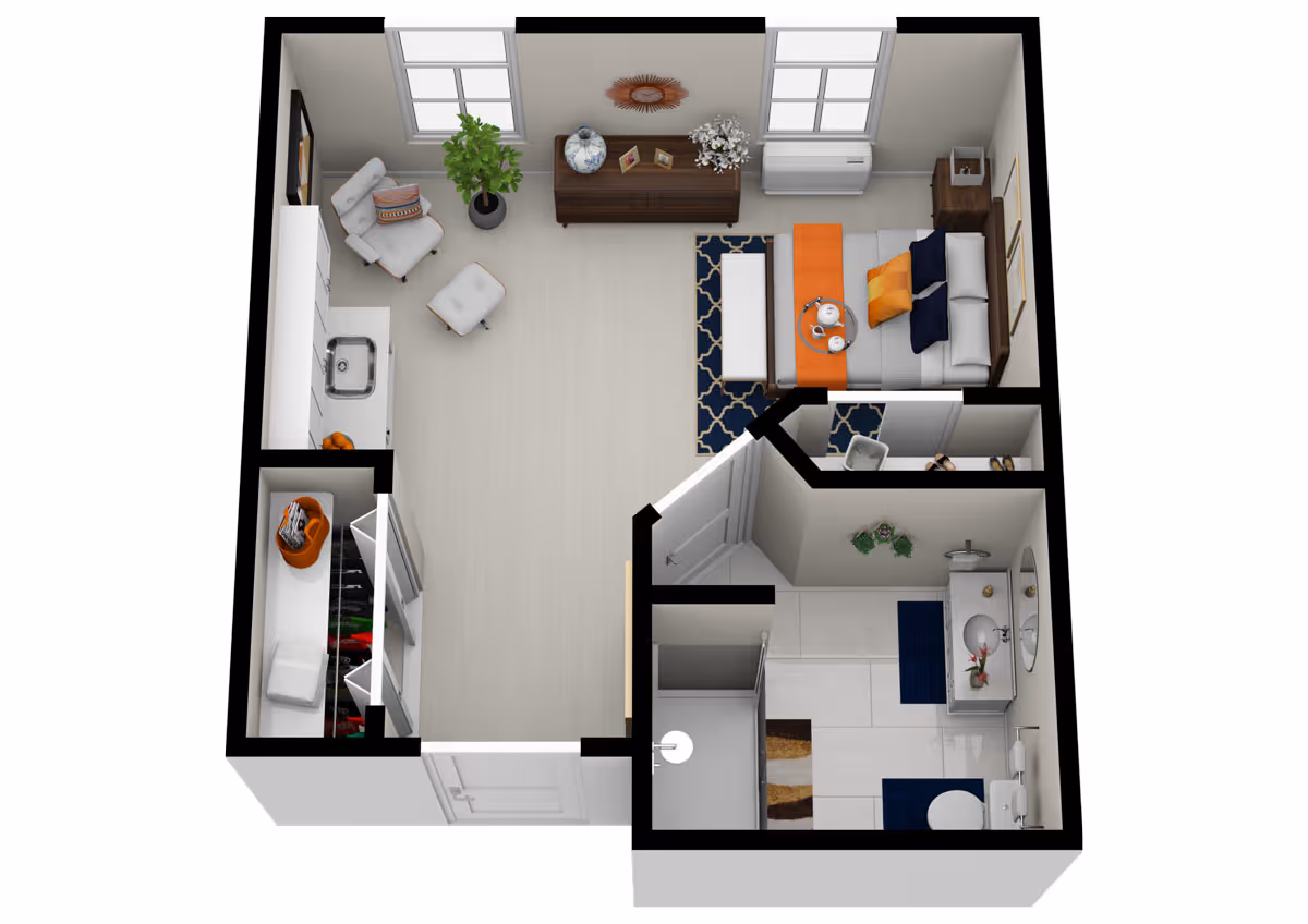 3D floor plan of a small apartment unit showing a combined living and sleeping area with a bed, armchair, and dresser, a kitchenette with a sink and cabinets, a closet near the entrance, and a bathroom with a shower, double sink vanity, and toilet.
