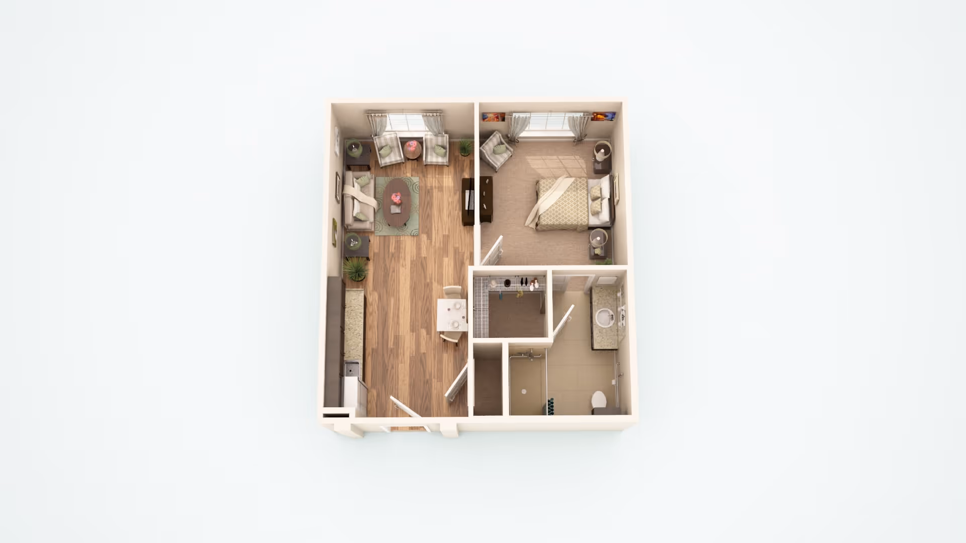 3D floor plan of a one-bedroom apartment featuring a living room with seating and a coffee table, a bedroom with a bed and nightstands, a kitchen area with appliances, a dining table with chairs, a walk-in closet, and a bathroom with a shower, toilet, and sink.