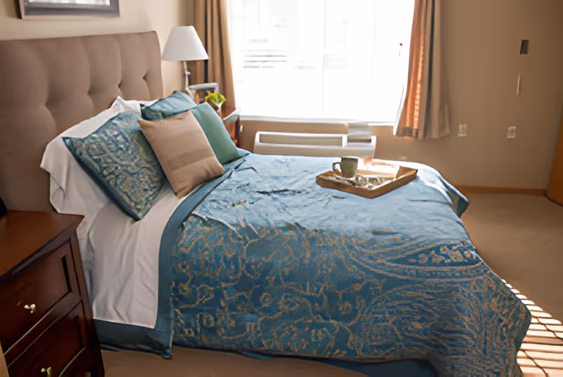 Well-made bed with a teal patterned comforter, decorative pillows, a nightstand with lamp, and a window in a bright bedroom.