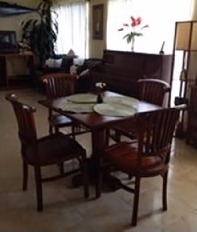 A cozy living room area with a wooden dining table and four chairs in the foreground. The table has round placemats and a small vase with flowers. In the background, there is a piano with a flower vase on top, a sofa, a tall plant, and a window with sheer curtains letting in natural light.