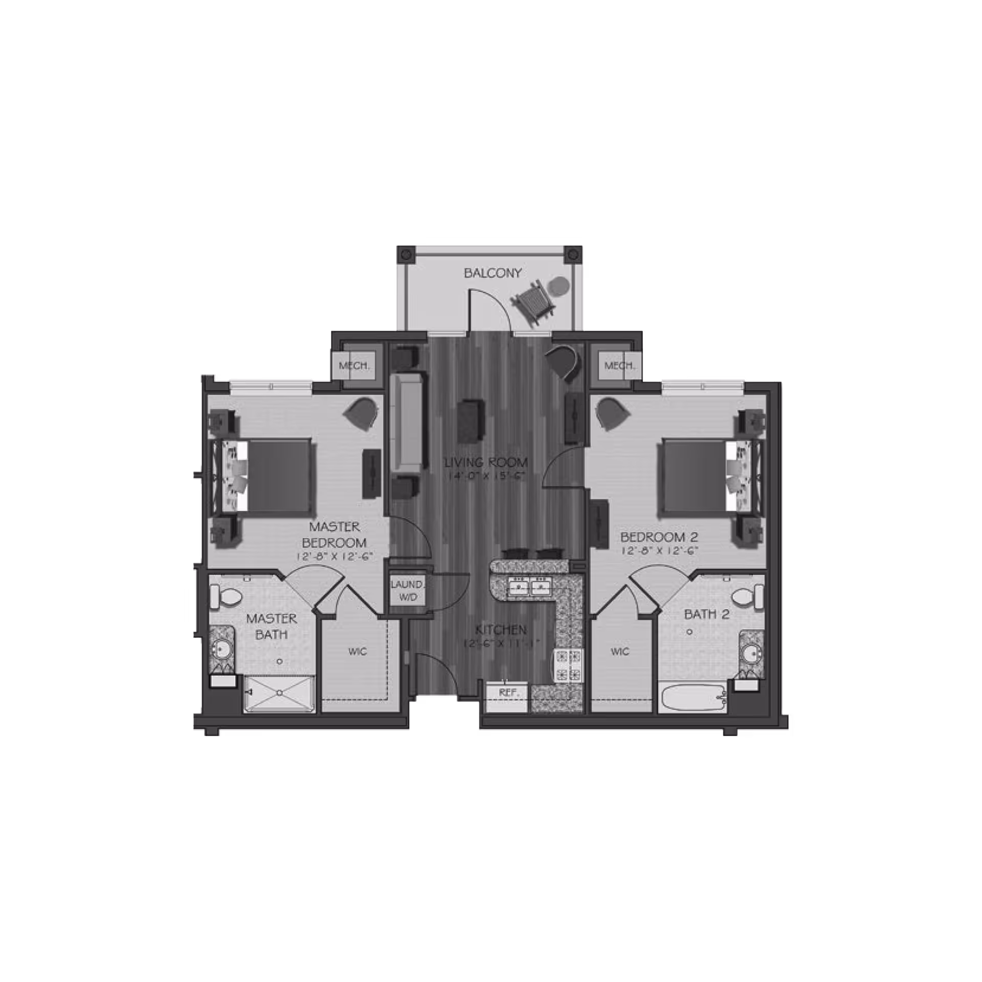 Architectural floor plan of a two-bedroom apartment featuring a master bedroom with attached master bath and walk-in closet, a second bedroom with bath, a central living room, kitchen with island, laundry area, and a balcony.