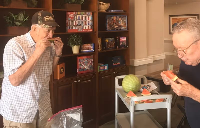 Two elderly men eating slices of watermelon in a room with wooden shelves filled with board games and plants. A cart with a whole watermelon and more slices is nearby.