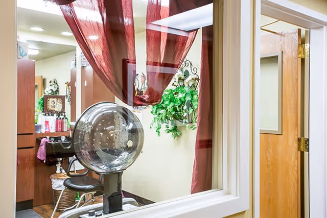 View through a window into a hair salon area with a hair dryer chair, a black salon chair, and shelves with hair care products. The room is decorated with a burgundy sheer curtain and green plants on the wall.