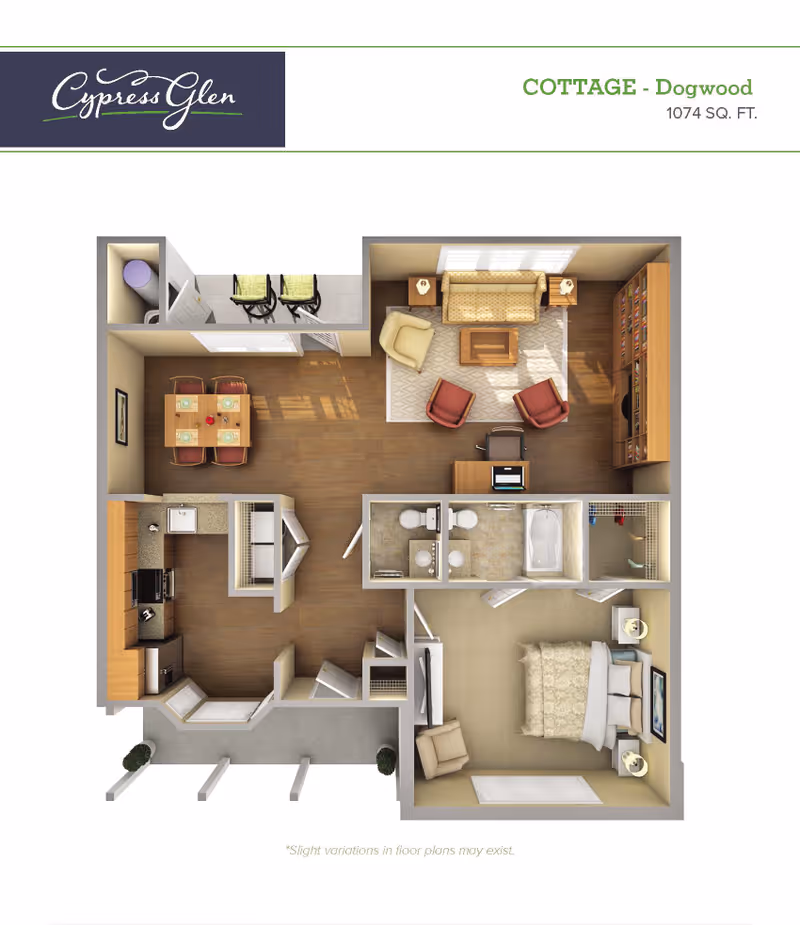 Floor plan of the Cypress Glen Retirement Community Cottage Dogwood model showing a 1074 square feet layout with a living room, dining area, kitchen, bedroom, bathroom, and closet spaces.