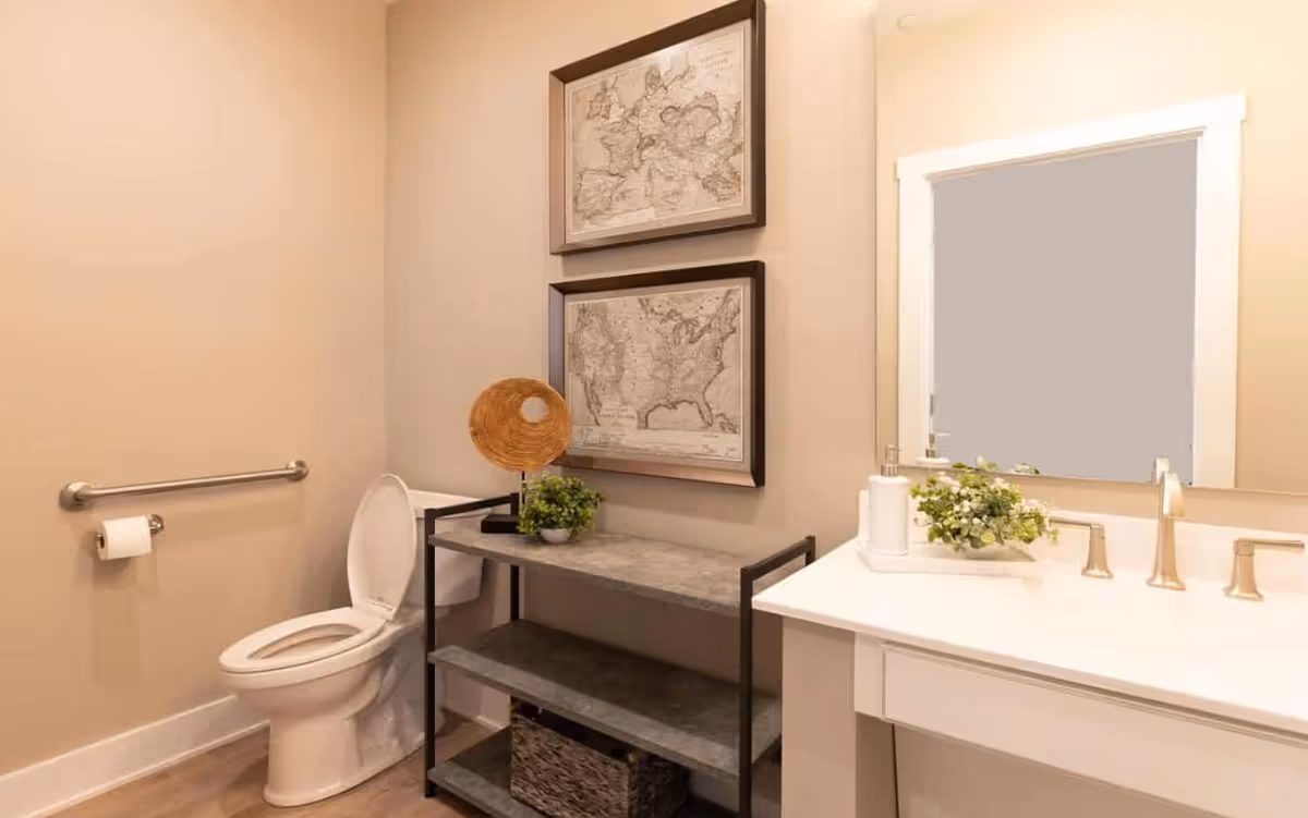 A clean and modern bathroom featuring a white toilet with an open lid, a metal grab bar with a toilet paper holder on the wall, a shelving unit with decorative items including a small plant and a round wicker object, two framed vintage maps on the wall, and a white vanity with a sink, faucet, soap dispenser, and a small floral arrangement in front of a large mirror.
