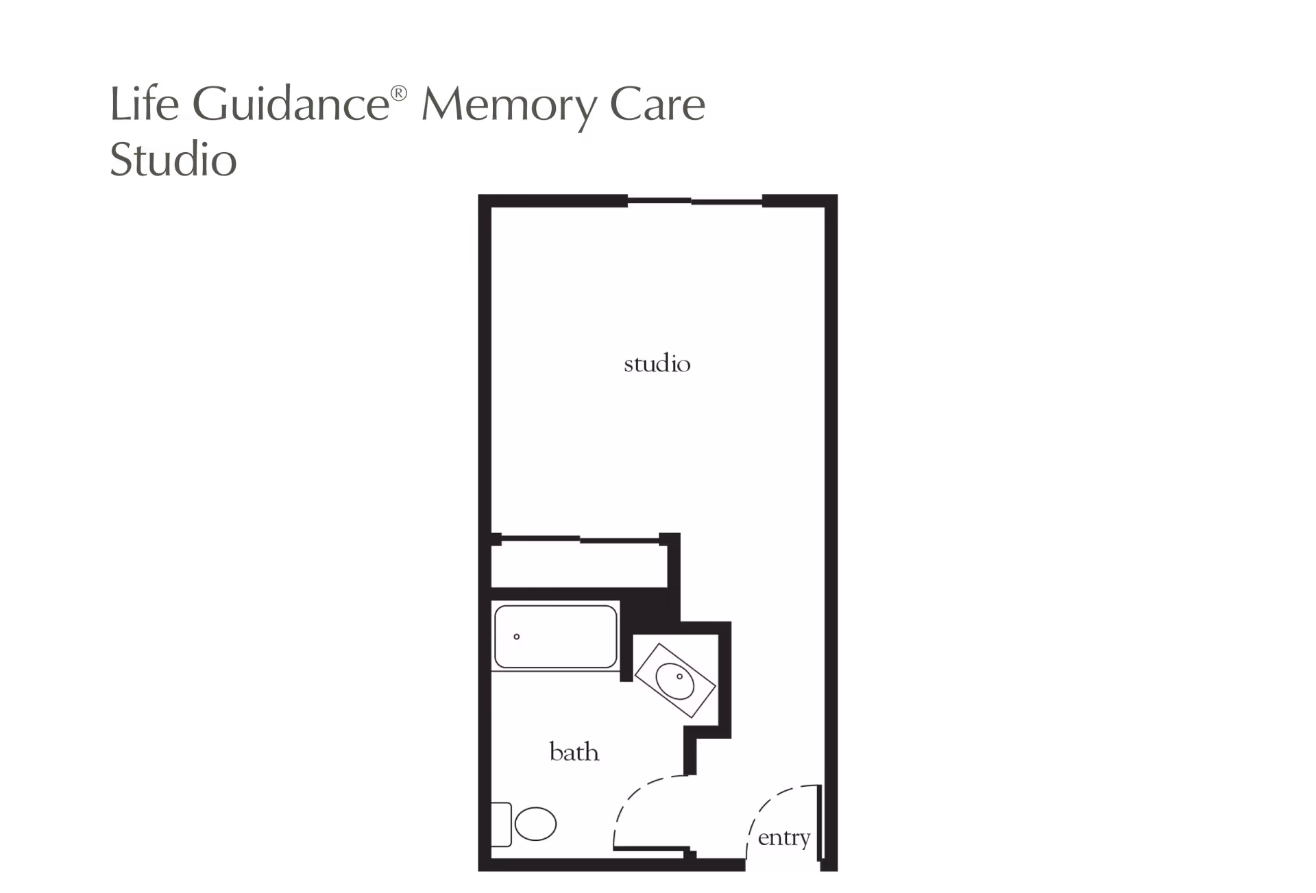 Floor plan layout of a Life Guidance Memory Care Studio apartment showing a studio area, a bathroom with a bathtub, toilet, and sink, and an entry door.