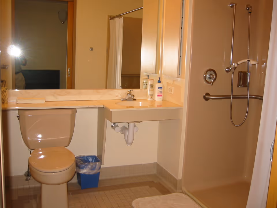 Beige accessible bathroom with a toilet, wall-mounted sink under a large mirror, and a roll-in shower with grab bars.