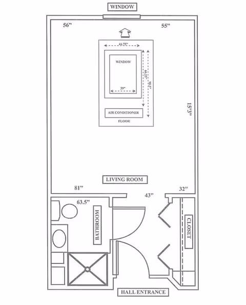 Architectural floor plan of a living space at Brookside Glen Assisted Living and Memory Care, showing a living room with a window and air conditioner, a bathroom with a toilet, sink, and shower, a closet, and a hall entrance. Dimensions of various sections are labeled in inches.