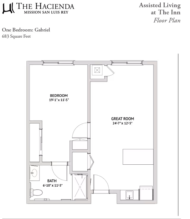 Floor plan of a one-bedroom assisted living unit named Gabriel at The Hacienda Mission San Luis Rey, showing a layout with a bedroom, bathroom, kitchen, and living area with dimensions.
