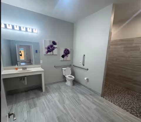 A spacious, modern bathroom with light gray tiled floor and walls. The room features a white toilet with grab bars on both sides, a white sink with a large mirror above it, and a walk-in shower area with pebble-style flooring and gray tiled walls. Two purple floral paintings hang on the wall above the toilet. The bathroom is well-lit with a row of lights above the mirror.