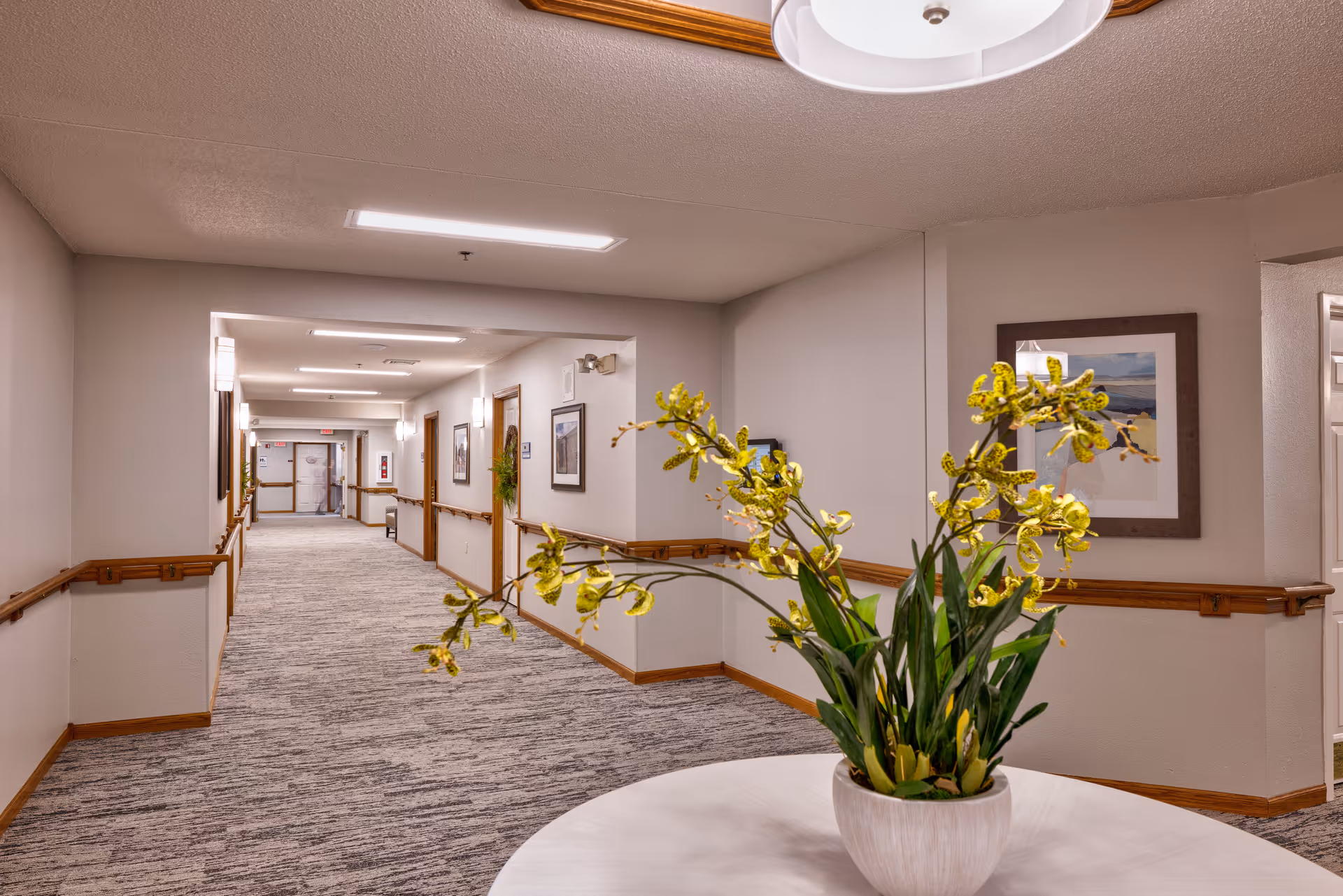 A well-lit hallway in a senior living facility with beige walls, wooden handrails, framed artwork on the walls, and a round table with a white vase holding yellow flowers in the foreground.