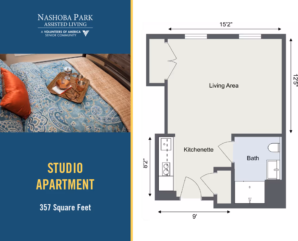 A split image with Nashoba Park assisted living branding and a bed photo on the left and a labeled studio apartment floor plan (Living Area, Kitchenette, Bath) on the right.