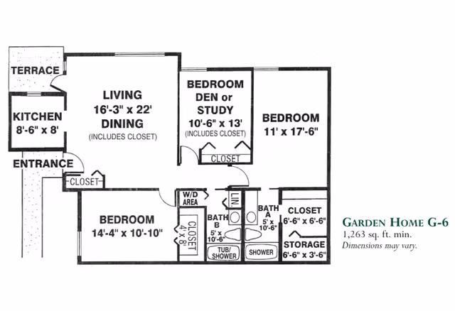 Black-and-white floor plan for 'Garden Home G-6' showing a living/dining area, kitchen, three bedrooms, two bathrooms, storage, and a terrace.