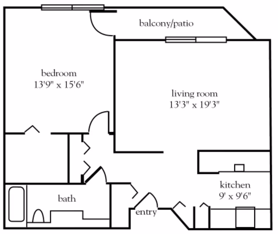 Floor plan of a one-bedroom apartment at Atria Bell Court Gardens showing a bedroom measuring 13 feet 9 inches by 15 feet 6 inches, a living room measuring 13 feet 3 inches by 19 feet 3 inches, a kitchen measuring 9 feet by 9 feet 6 inches, a bathroom, an entry area, and a balcony/patio.