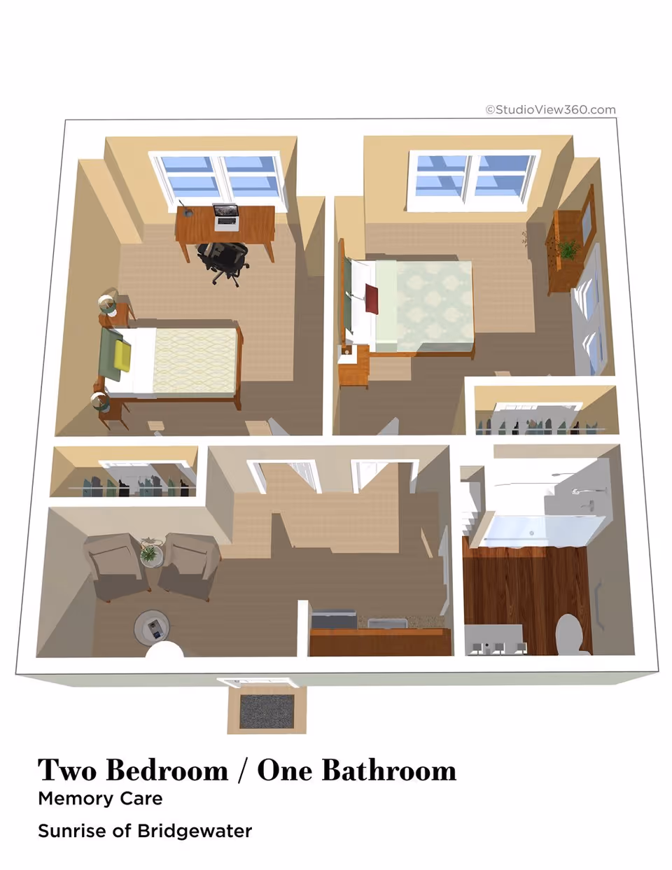 3D floor plan of a two-bedroom, one-bathroom memory care unit at Sunrise of Bridgewater. The layout includes two bedrooms, a bathroom with a shower and toilet, a living area with two chairs and a small table, and a kitchen area. Each bedroom has a bed, nightstand, and desk or dresser. The bathroom has wood flooring, and the rest of the unit has carpeted floors.