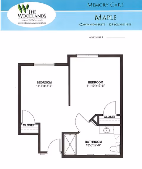 Floor plan of a companion suite named Maple at The Woodlands at Hillcrest memory care facility. The layout includes two bedrooms, each with a closet, and a bathroom with a shower, toilet, and sink. Dimensions for each room are provided.