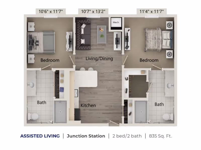 Floor plan of an assisted living apartment named Junction Station at Harper’s Station Gainesville, showing two bedrooms, two bathrooms, a kitchen, and a combined living/dining area with dimensions for each bedroom.