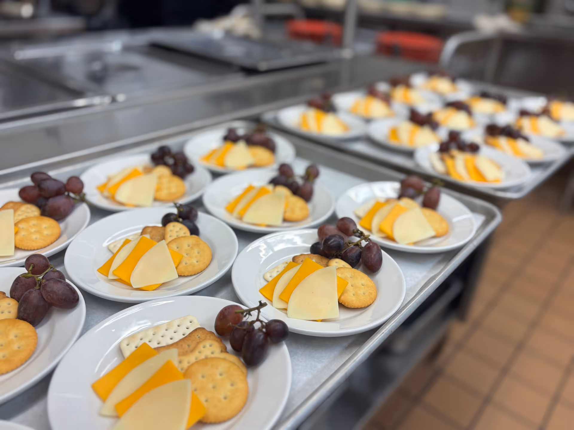 Multiple white plates arranged on a metal counter, each plate containing slices of cheddar and white cheese, round crackers, and a small bunch of red grapes in a kitchen setting.