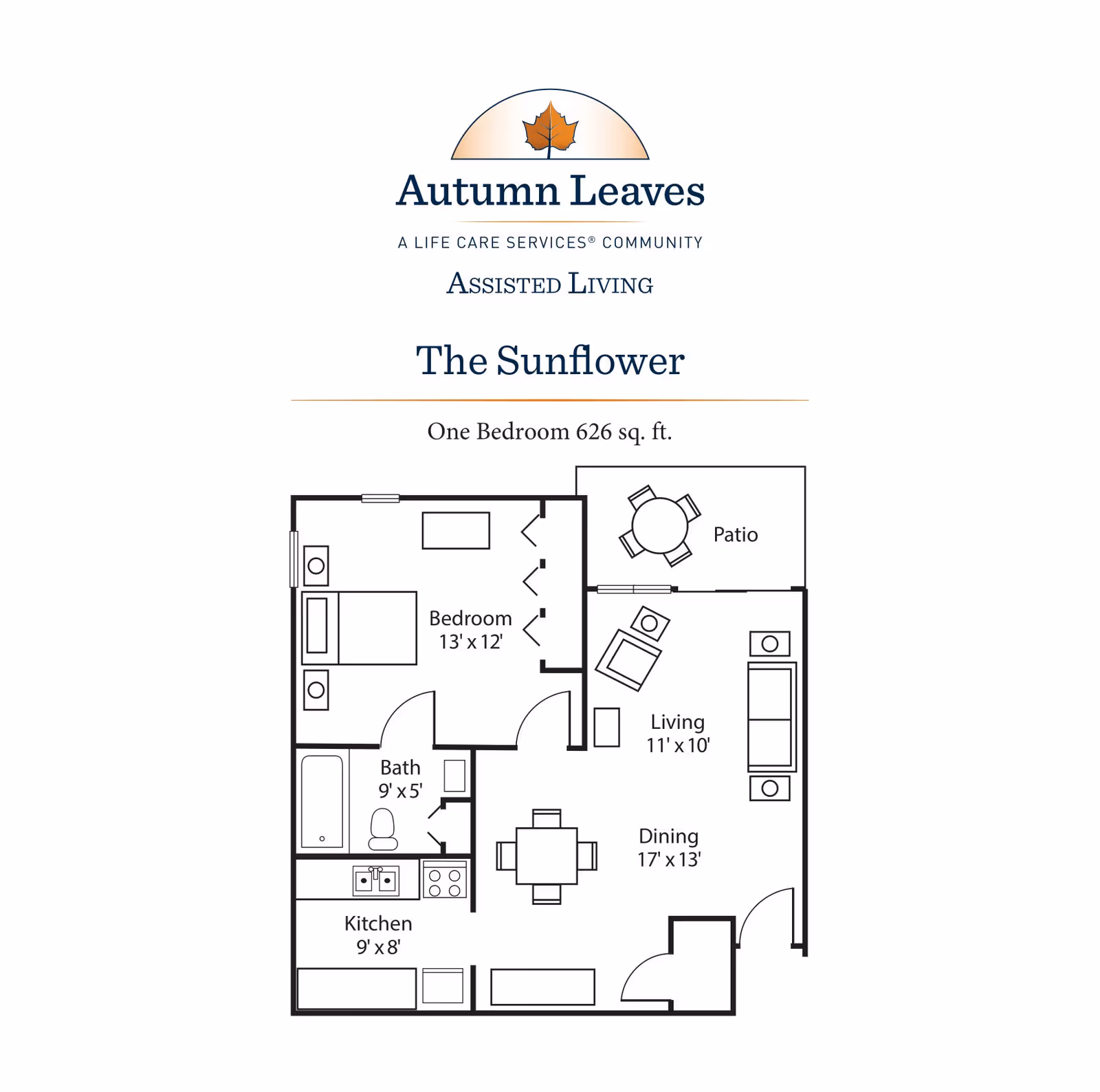 Floor plan of The Sunflower, a one-bedroom assisted living apartment at Autumn Leaves, showing a bedroom (13' x 12'), bath (9' x 5'), kitchen (9' x 8'), dining area (17' x 13'), living area (11' x 10'), and a patio with outdoor seating.