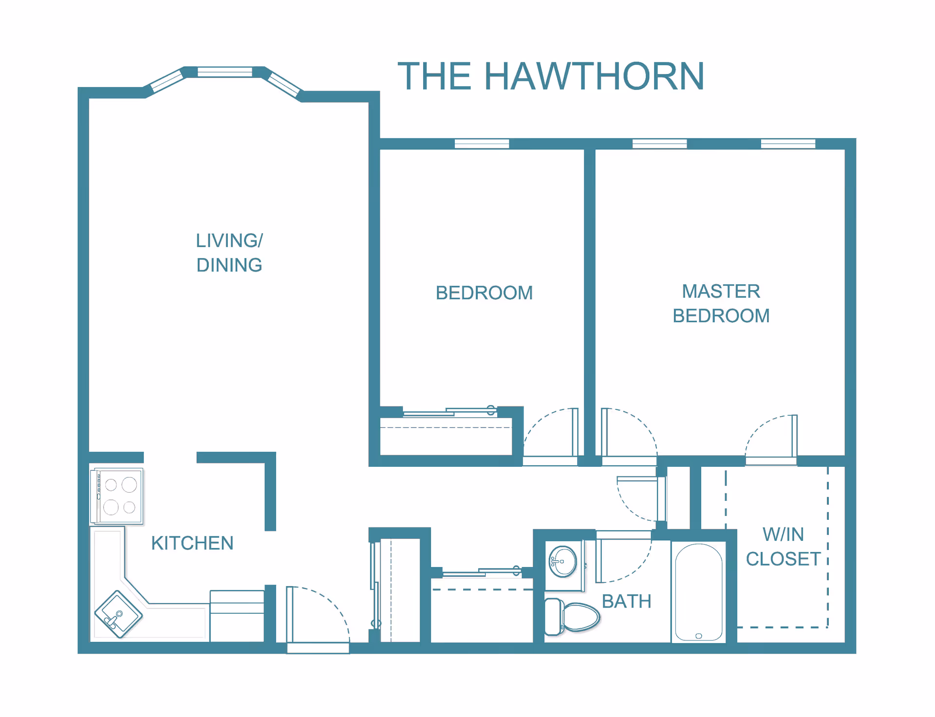 Floor plan of The Hawthorn unit at Cedar Woods showing a living/dining area, kitchen, bedroom, master bedroom with walk-in closet, and a bathroom.