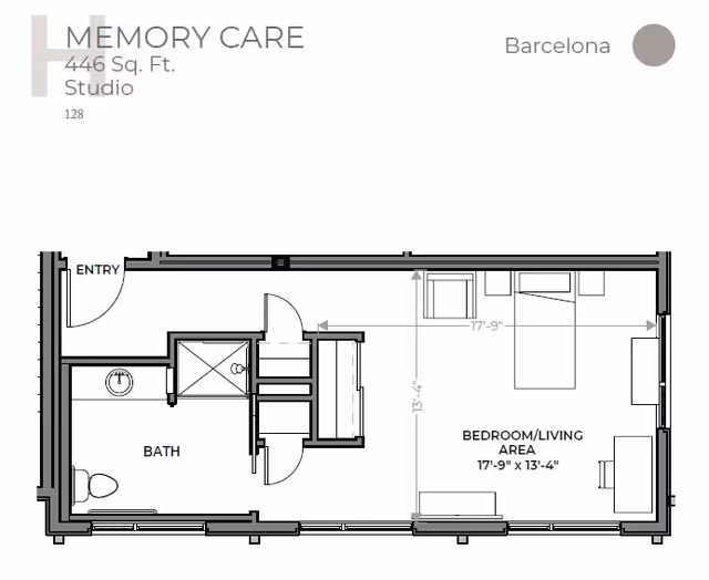 Floor plan layout of a memory care studio apartment named Barcelona, measuring 446 square feet. The layout includes an entryway, a bathroom with a toilet, sink, and shower, and a combined bedroom and living area with furniture placement indicated.