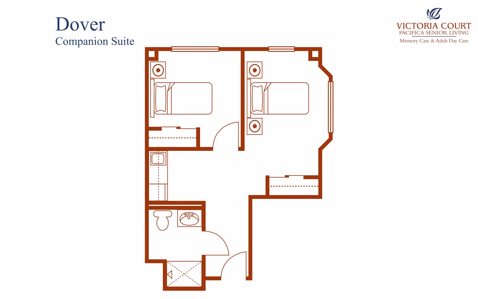 Floor plan of the Dover Companion Suite at Victoria Court Memory Care, showing two bedrooms each with a bed and nightstand, a bathroom with a toilet and sink, and additional closet/storage spaces.