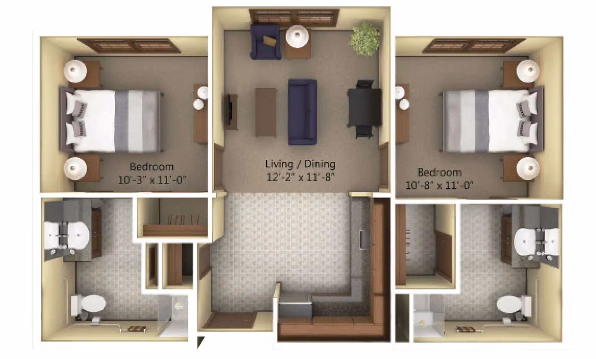 3D floor plan of an assisted living unit at Heritage Place Assisted Living & Memory Care showing two bedrooms, each with a bed, nightstands, and lamps. The central living/dining area includes a sofa, armchair, coffee table, TV, desk, and a plant. The unit also has two bathrooms with sinks, toilets, and showers, and a kitchen area with cabinets and appliances.