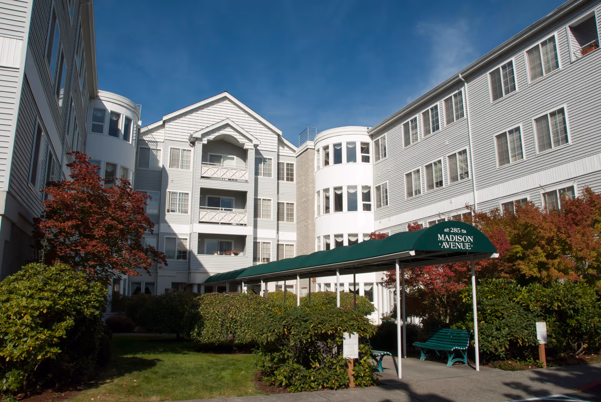 Exterior view of Bainbridge Senior Living Madison Avenue House showing a multi-story white building with numerous windows, a green covered walkway with benches underneath, surrounded by well-maintained bushes and trees with autumn foliage under a clear blue sky.