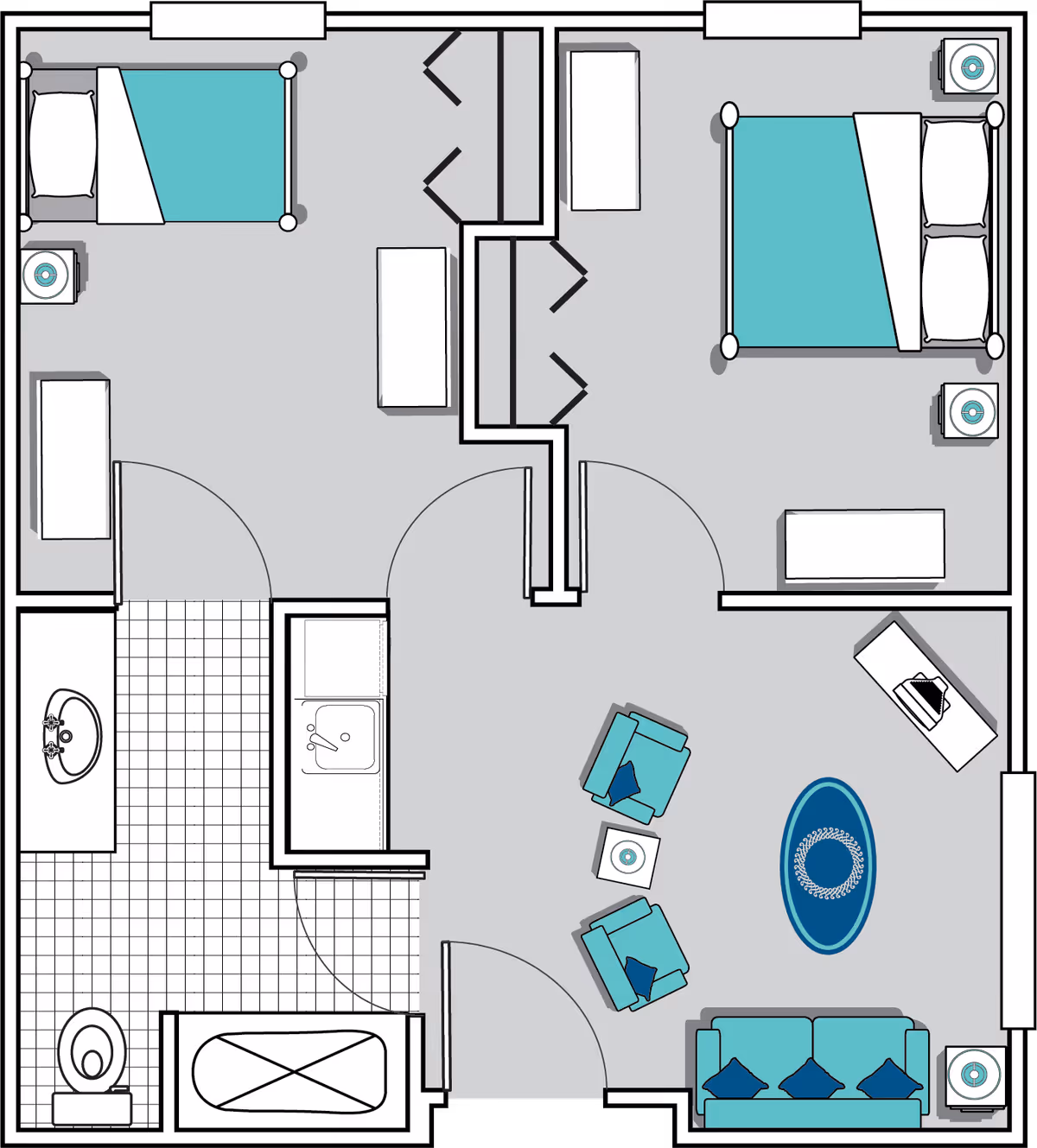 Floor plan of a living space with two bedrooms, a bathroom, and a living room. The left bedroom has a single bed, nightstand, and dresser. The right bedroom has a double bed, two nightstands, and a dresser. The bathroom includes a sink, toilet, and bathtub. The living room has a sofa, two armchairs, a coffee table, and a TV stand.
