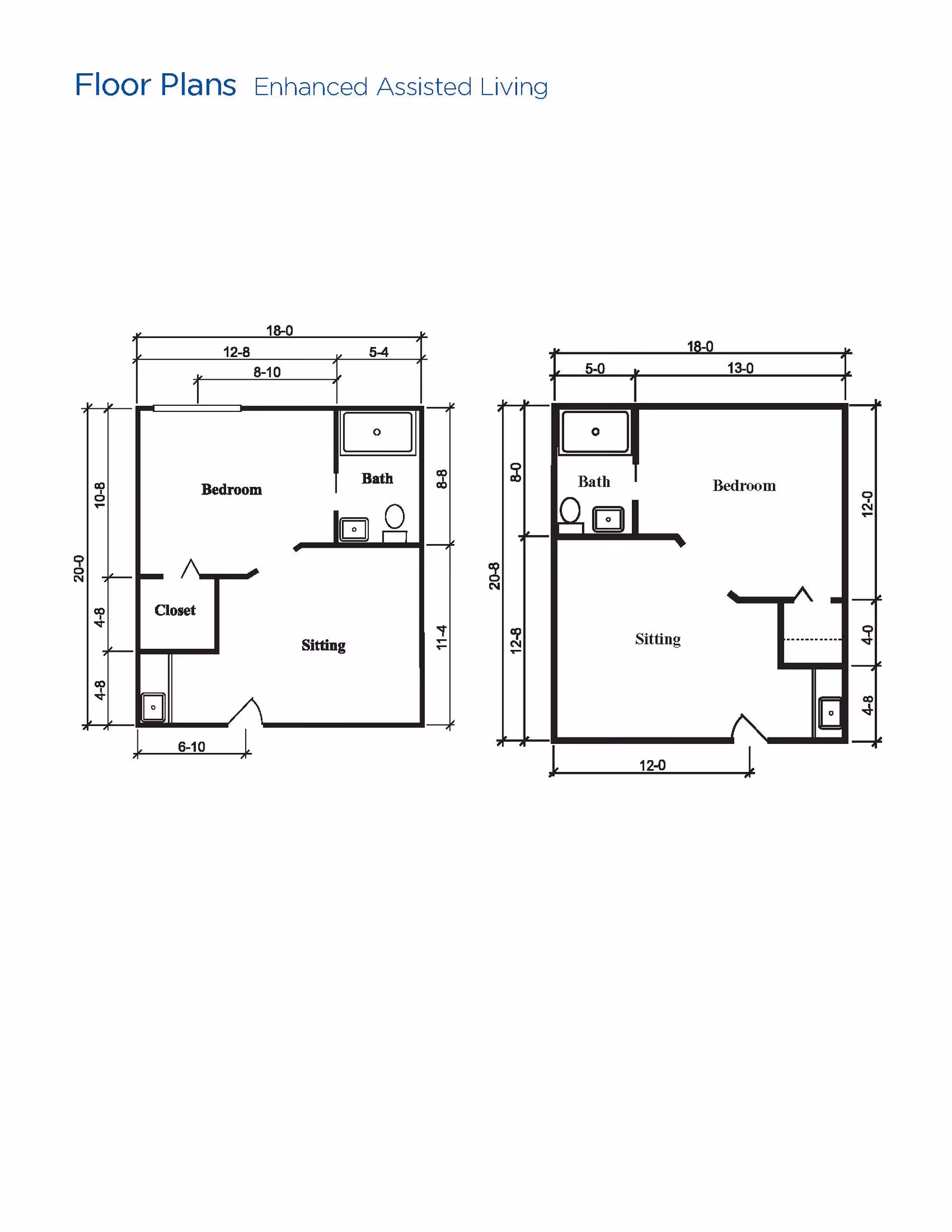 Architectural floor plans for two enhanced assisted living units, each showing a bedroom, sitting area, bathroom, and closet with dimensions labeled in feet and inches.