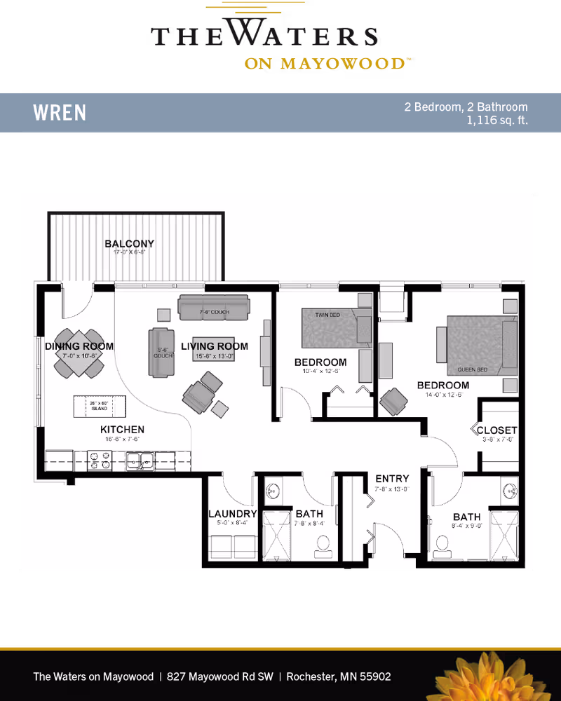 Floor plan of a 2 bedroom, 2 bathroom apartment named Wren at The Waters on Mayowood, showing a balcony, dining room, kitchen with island, living room, laundry area, two bathrooms, two bedrooms with labeled bed sizes, closet, and entry area with dimensions.