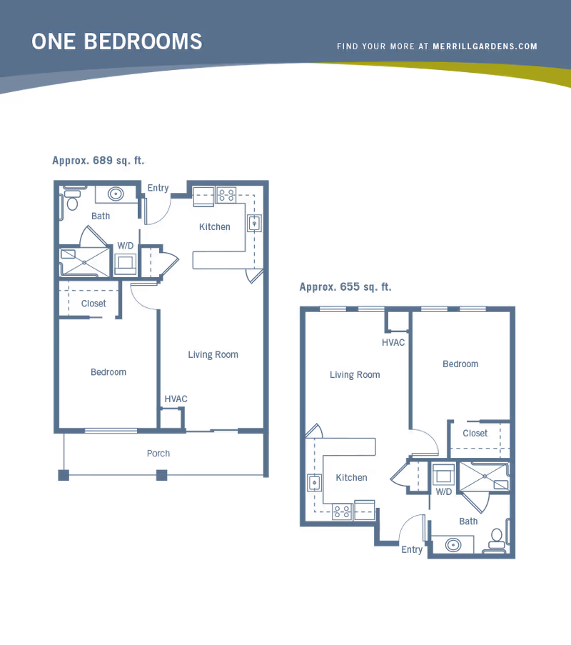 Floor plans for two one-bedroom apartments at Merrill Gardens at Woodstock, showing approximate sizes of 688 sq. ft. and 655 sq. ft. Each layout includes a bedroom, bathroom, kitchen, living room, closet, HVAC, and washer/dryer area. The first plan also features a porch.