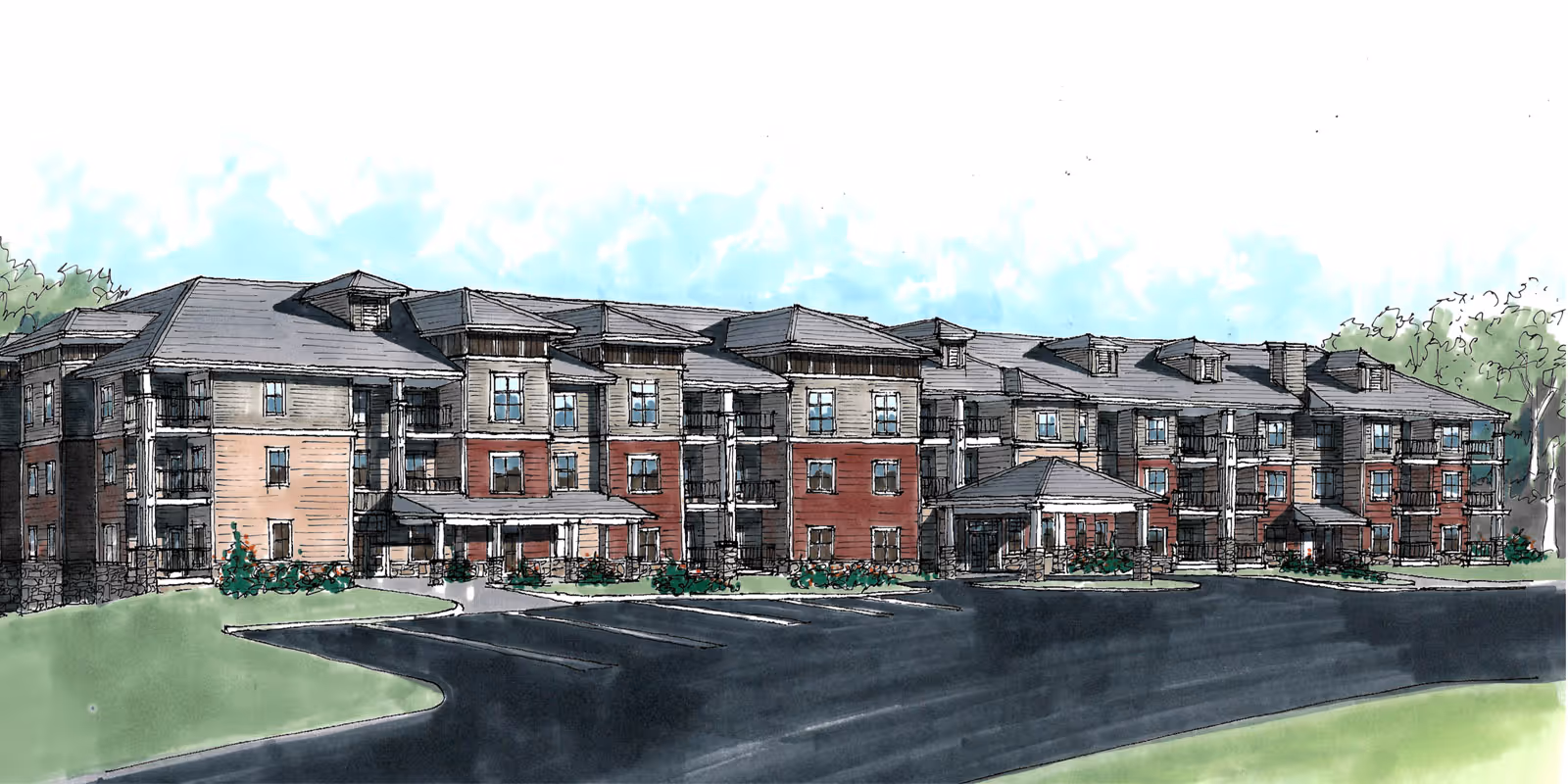 Illustration of a large, multi-story senior living facility building with a combination of brick and siding exterior, multiple windows, balconies, and covered entrances, surrounded by green lawns and trees under a partly cloudy sky.