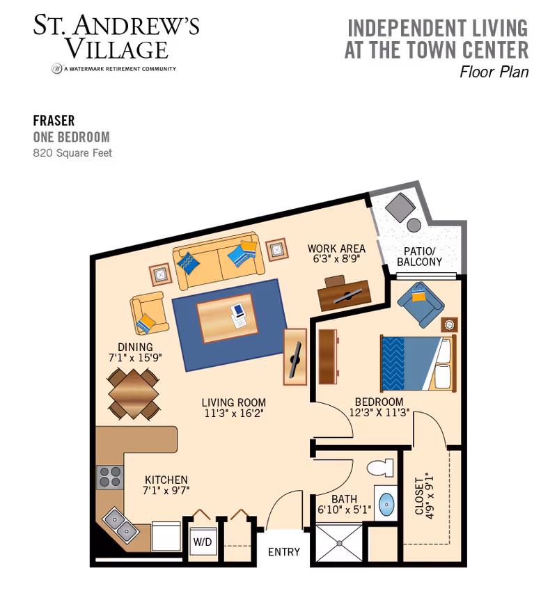 Illustrated floor plan of a one-bedroom, 820 square-foot apartment showing a living room, kitchen, dining area, work area, bedroom, bathroom and closet.