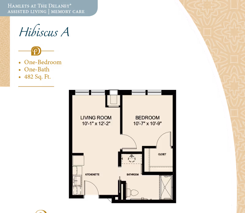 Floor plan titled Hibiscus A for a one-bedroom, one-bath unit showing labeled living room, bedroom, kitchenette and bathroom.