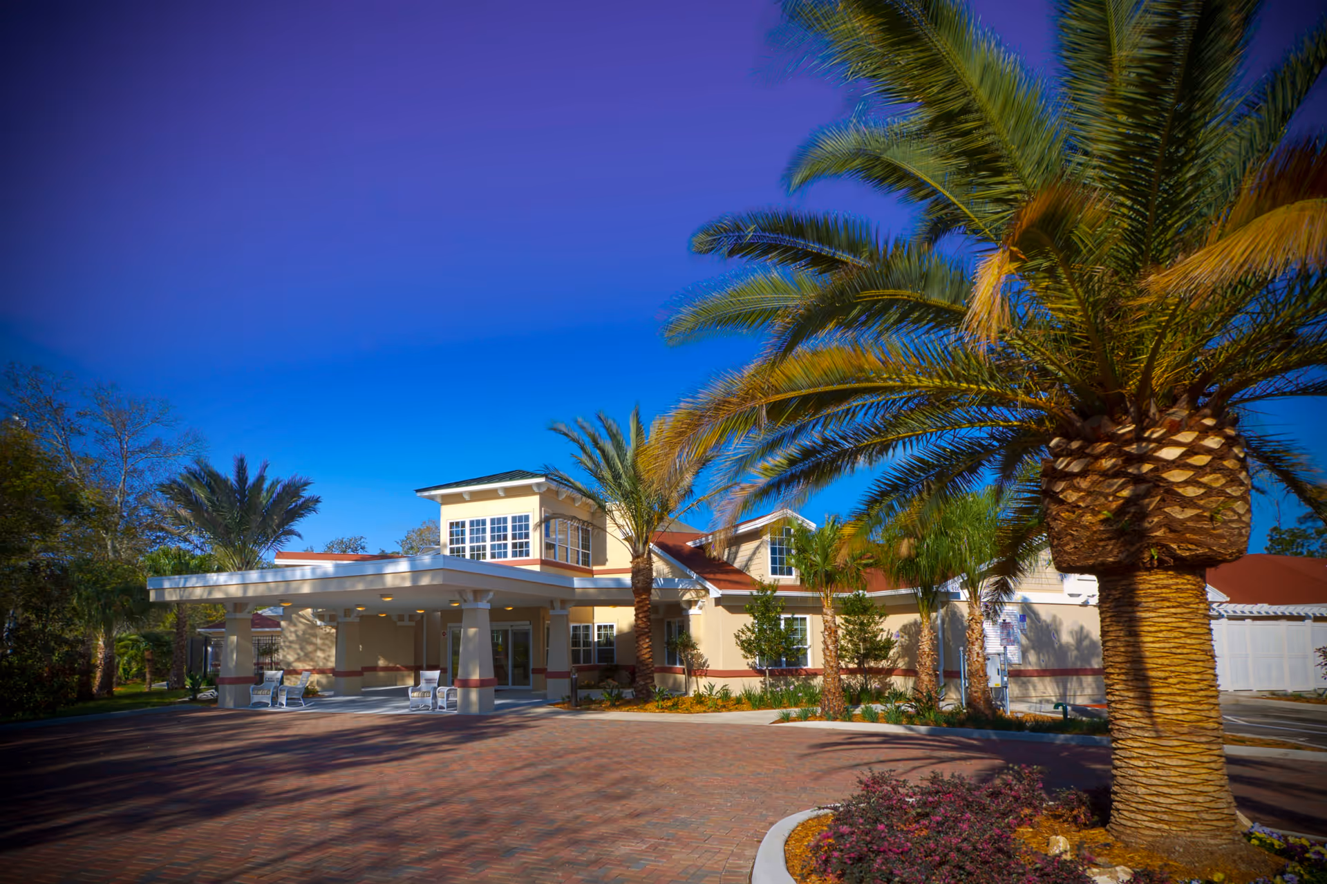 Exterior view of Grand Palms Assisted Living & Memory Care building with a covered entrance, palm trees, and a clear blue sky.