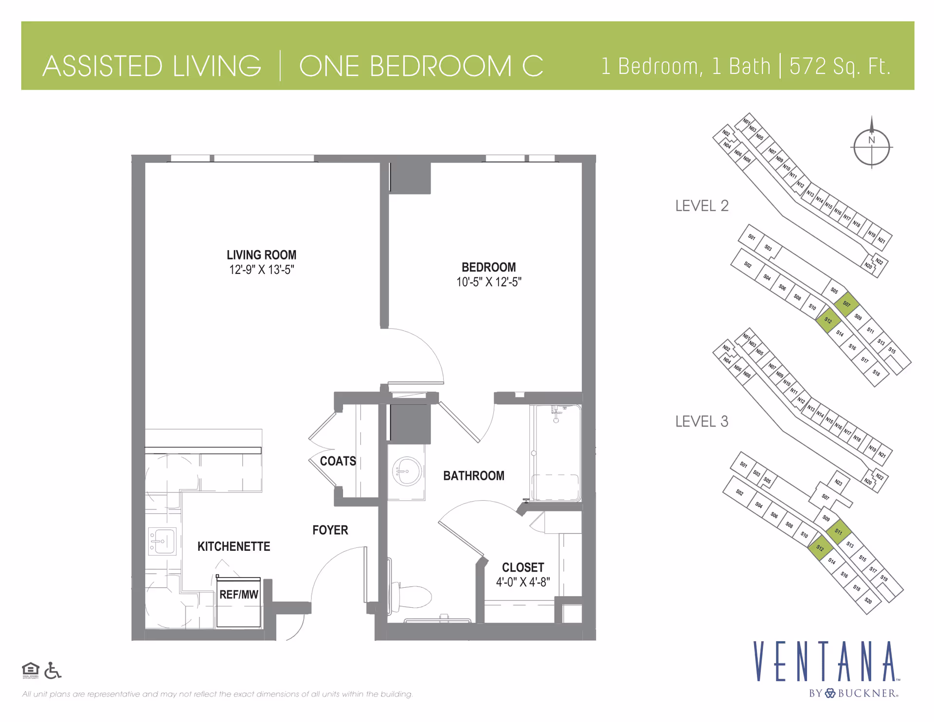 Floor plan of an assisted living one bedroom C unit at Ventana by Buckner, showing a living room, bedroom, bathroom, closet, kitchenette, foyer, and coat closet. The unit is 572 square feet. There are also diagrams of unit locations on levels 2 and 3.