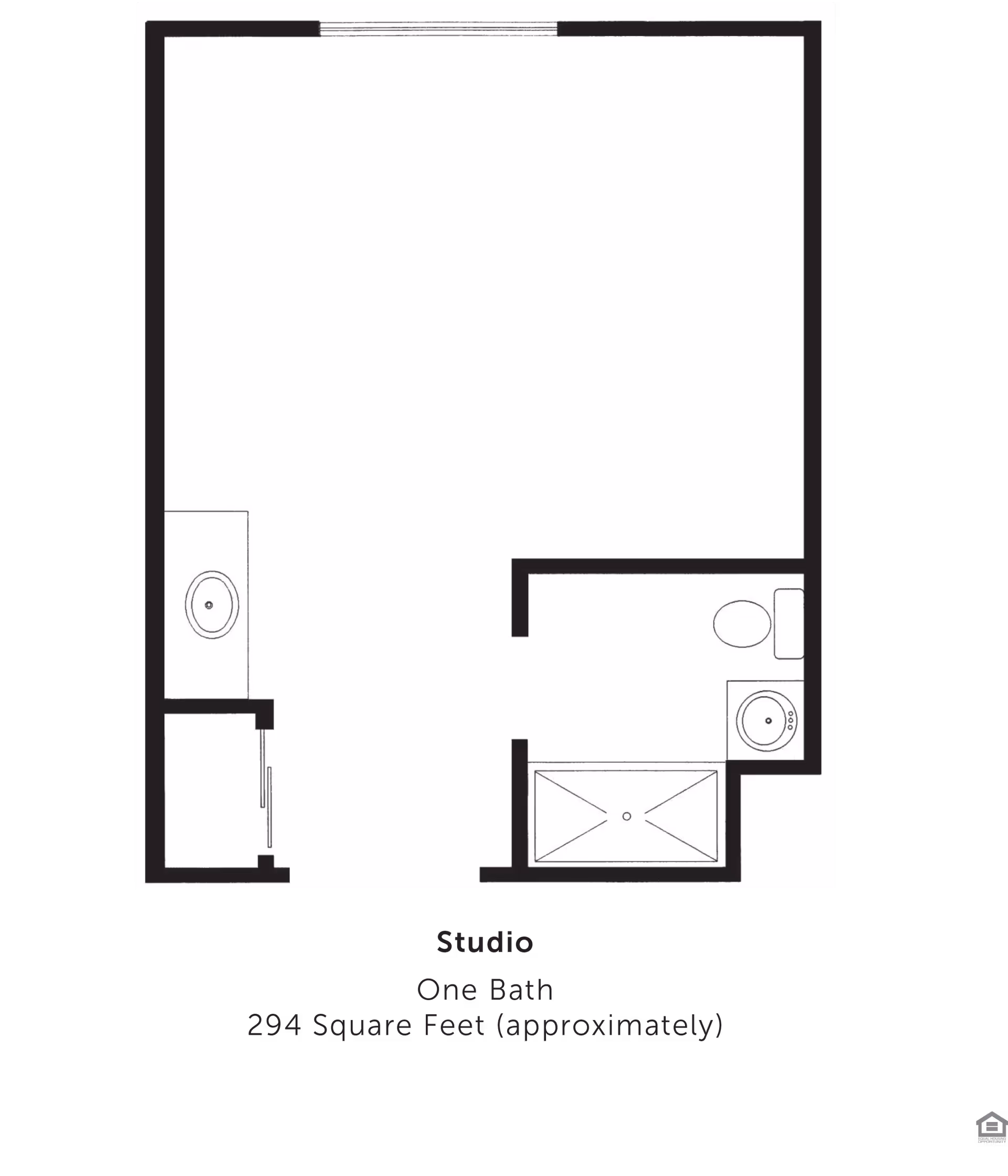 Black-and-white floor plan diagram of a studio apartment showing a main living area and a one-bath layout with sink, toilet, and shower.