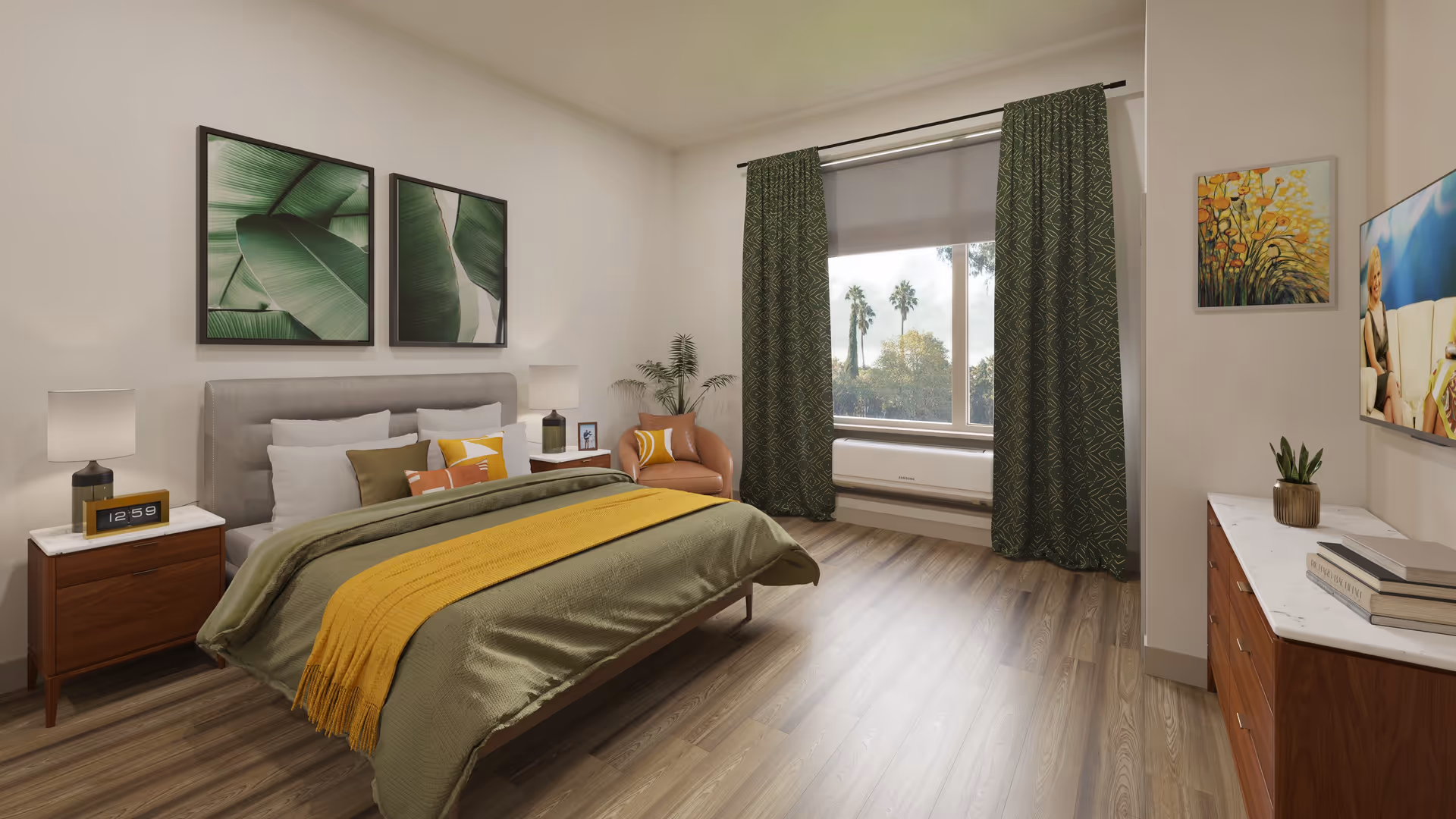 Bright furnished bedroom with a made bed, nightstands, an armchair, dresser, and a large window with green curtains showing palm trees outside.