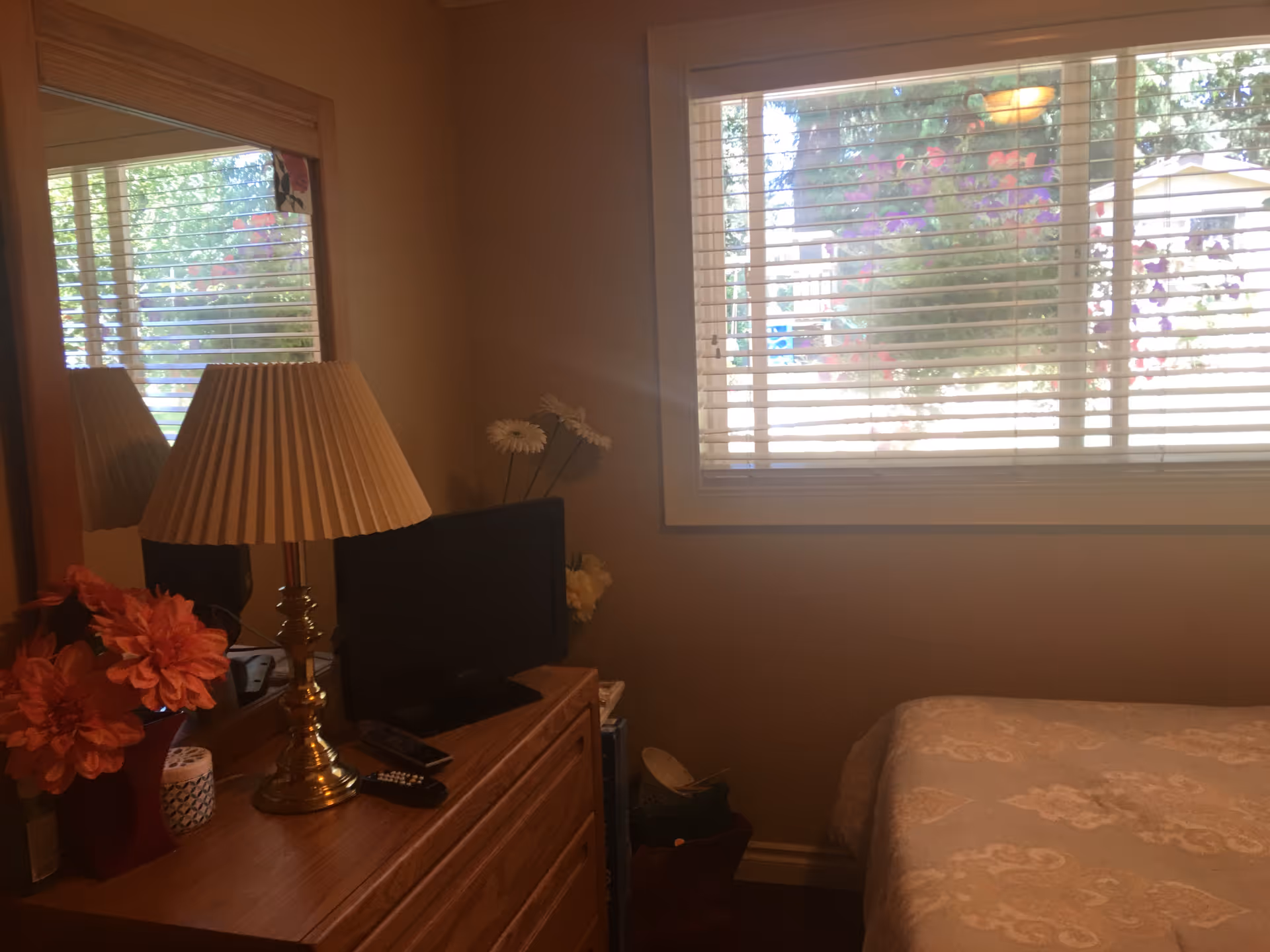 Small bedroom with a dresser topped by a lamp, flowers and a TV, a bed to the right and a window with blinds letting in light.