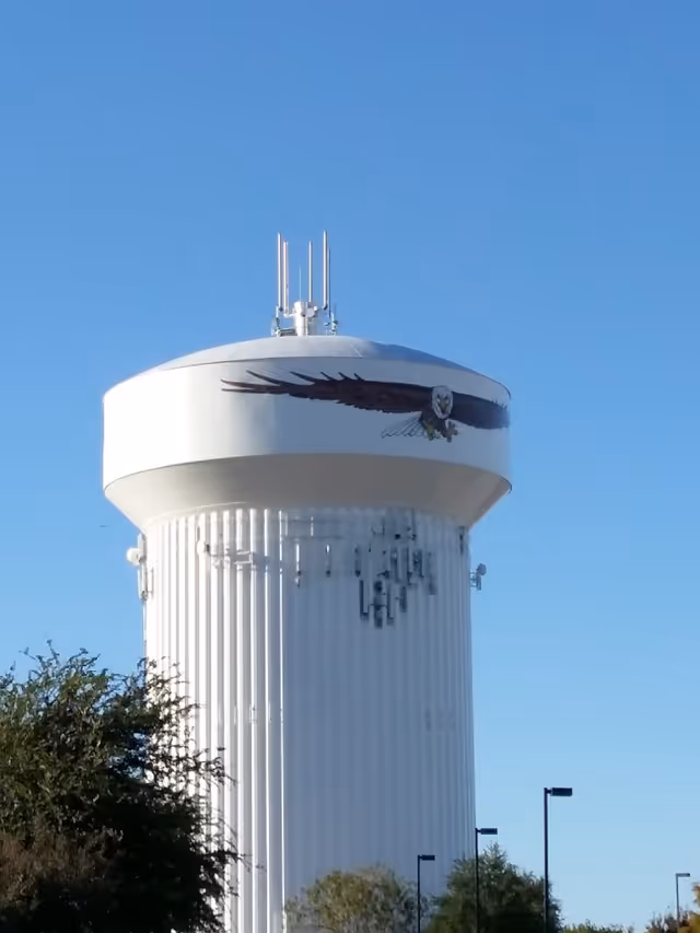 A tall white water tower with a painted image of a flying bald eagle on its upper section, set against a clear blue sky with some trees and street lamps visible at the base.